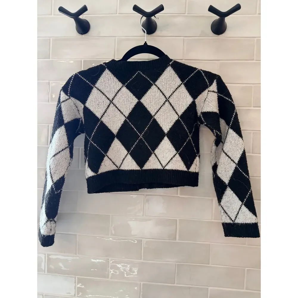 Art Class Girls' Black & White Argyle Cropped Cardigan
